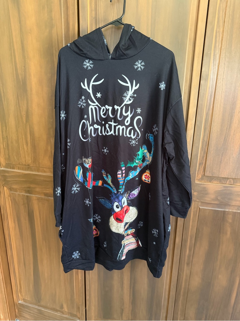 Merry Christmas Reindeer Graphic Hoodie dress - Black - Picture 2 of 6